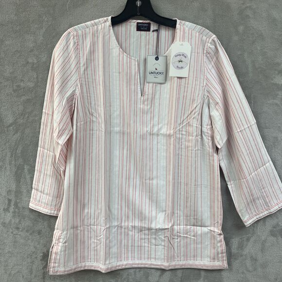 Untuckit Shirt Women’s 10 M Thick Cotton Coastal Vertical Stripe Tunic White Top - Picture 1 of 5